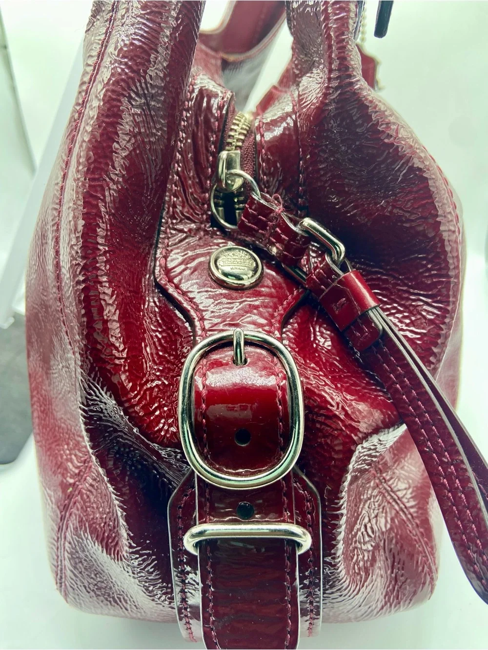 Coach Mia 15734 Burgundy Red Patent Leather Shoulder Bag Hobo Silver Hardware